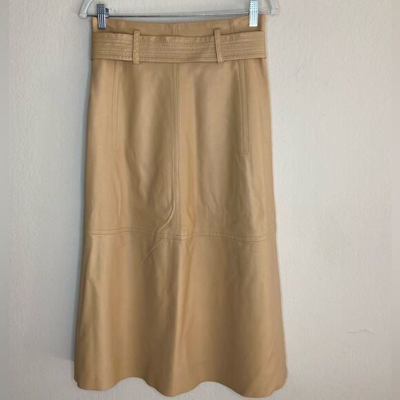 Vince Lambskin Leather Midi Tan Caramel Skirt Stitched Belt Size 0 - Picture 9 of 11